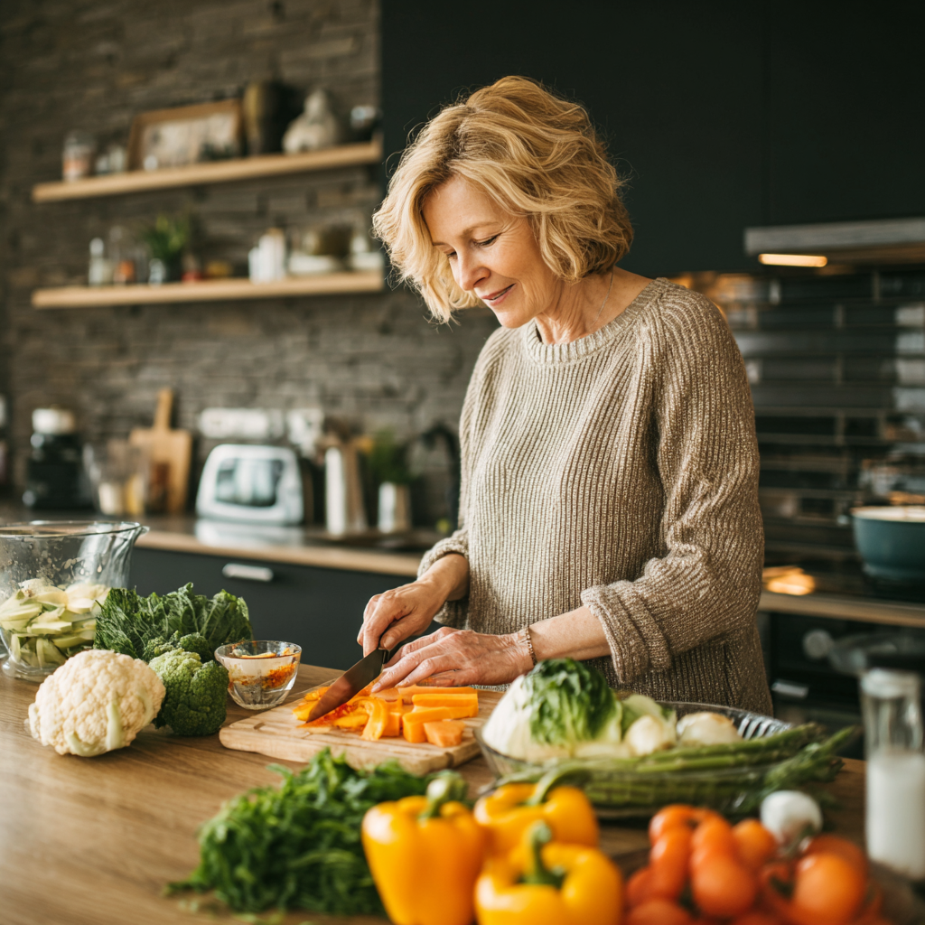 Mature woman preparing healthy balanced meal in modern kitchen
